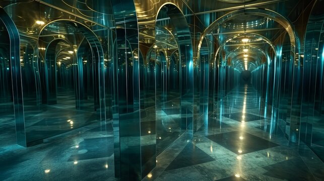 A mesmerizing image of a futuristic hall of mirrors illuminated with blue and gold lighting. The reflective surfaces and symmetrical arches create a captivating and surreal environment, ideal for