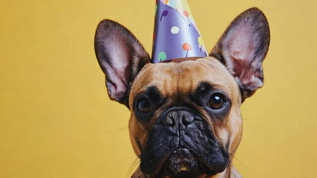 A gog in a birthday hat on a yellow background and a copy space