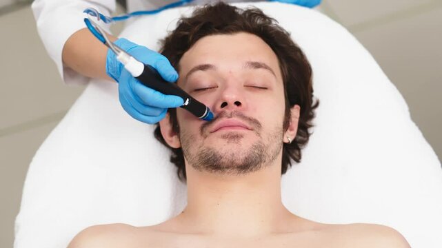 Facial skin care. A professional female cosmetologist performs a hydraulic procedure on a man in a cosmetology clinic. Vacuum cleaner Hydra. Rejuvenation and hydration