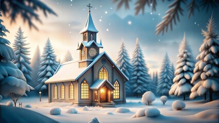 Fototapeta premium Peaceful Wooden Church Illuminated by Soft Moonlight on Snowy Winter Night