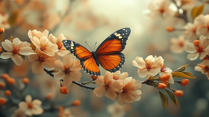 A monarch butterfly rests on a branch of delicate white blossoms, showcasing the beauty of nature's delicate balance.