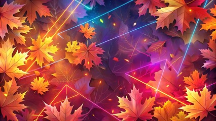 Vibrant autumn leaves with neon accents against a dark background, dynamic artistic design with a modern flair