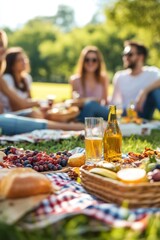 A group of friends enjoying a picnic in a park, with a spread of food and drinks on a blanket © stopcontrol