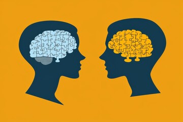Neurocognitive Neuroplasticity Silhouette profiles with blue and yellow brain elements symbolizing intellectual diversity cognitive collaboration and creative exchange