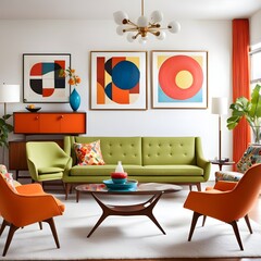 interior design of a midcentury modern living room