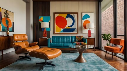 interior design of a midcentury modern living room