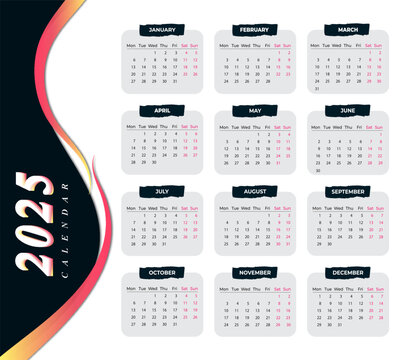 A Year in Focus  grid 2025 colorful vector Simple layout of pocket or wall calendar 
