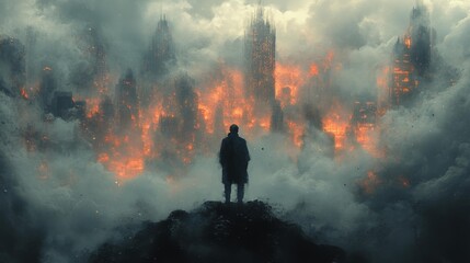 Fototapeta premium Dystopian Burning City with Lone Figure Generative AI