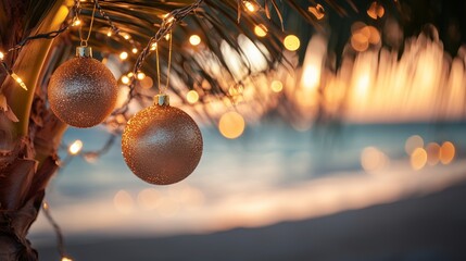 Obraz premium A close-up of light garlands and golden baubles Christmas ornaments hanging from the branches of a palm tree on the beach
