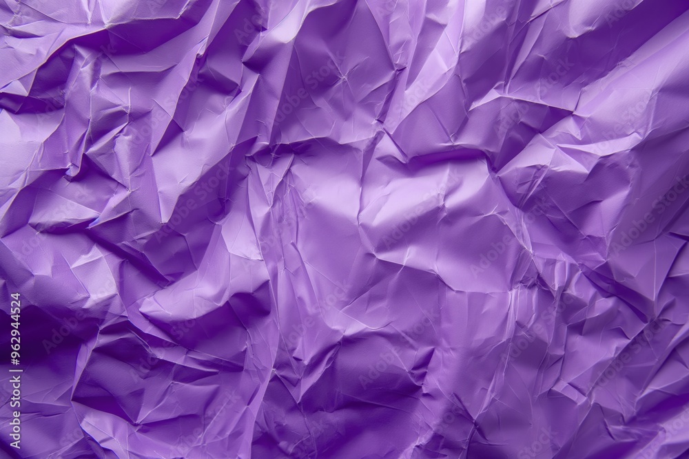 Poster Purple crumpled paper texture background with frayed edges. Close-up view of folded and creased purple paper on solid purple surface. Ideal for design, art, or creative projects.