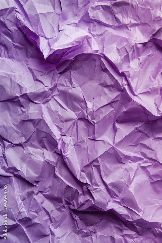 Poster crumpled purple paper texture with intricate folds. close-up view of creased and curled edges. black