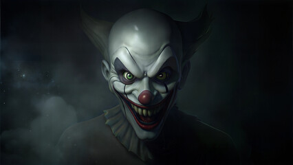 Terrifying clown with menacing grin and sharp teeth in a dark, smoky atmosphere