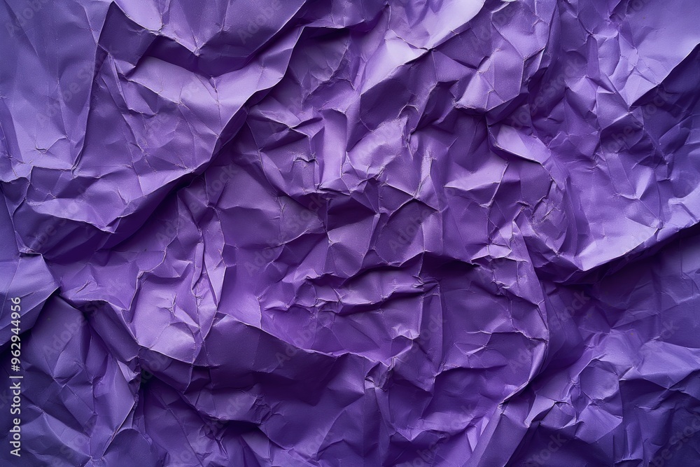 Poster Crumpled purple paper texture with rough folds, dark background. Close-up view of wrinkled paper surface, ideal for design and art projects. Use as background or element in digital compositions.