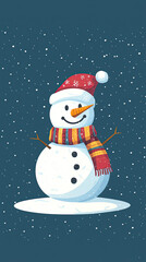A cheerful snowman, bundled in a red scarf and hat, smiles warmly amidst a gentle snowfall.  The perfect winter scene!