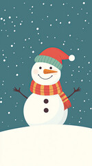 Fototapeta premium A cheerful snowman with a red hat and scarf, standing in a snowy landscape, joyfully embracing the winter season.