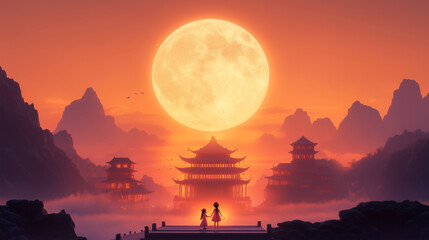 Fototapeta premium mooncakes, mid-autumn festival, couple, boy and girl 