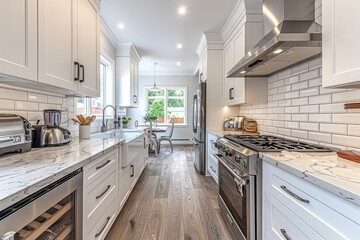 Fototapeta premium A kitchen with white cabinets and a countertop