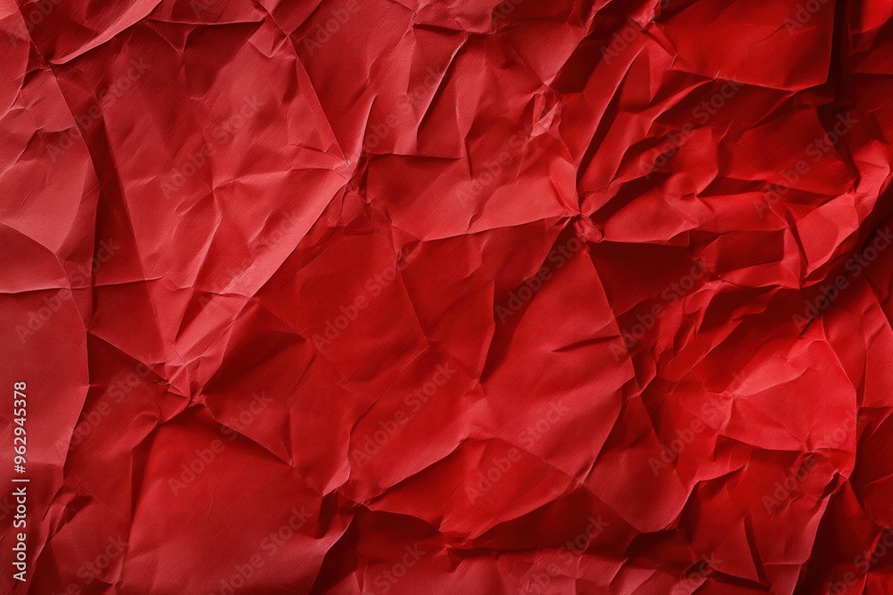 Poster Crumpled red paper texture background with folded creases. Close-up view of rough surface. Distressed design element for art projects, graphic design, and creative industries.