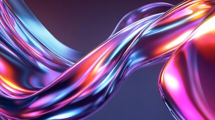 Vibrant Neon Chrome Abstract Background with Metallic Holographic Flowing Ribbons in Ultra HD Quality