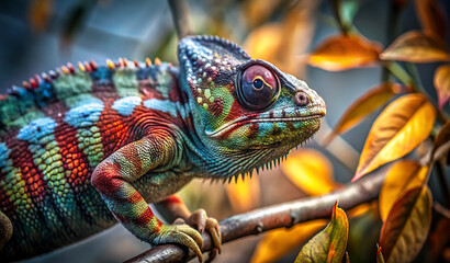 Obraz premium A vibrant chameleon perched on a branch, showcasing its colorful skin in stunning 4K UHD detail