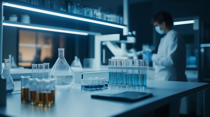 Scientist in lab coat focused on laptop doing medical research.