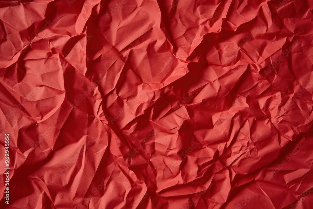 Poster Crumpled red paper texture background with vibrant color. Close-up view of folded and creased surface. No text or objects visible. Ideal for design, art, and creative projects.