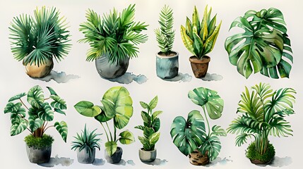 Watercolor illustration of a collection of potted house plants with green foliage and various pots on a white background.