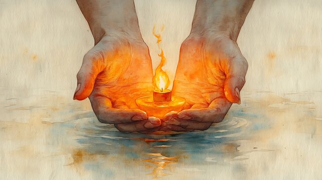 Two hands cupping a small candle flame with water reflecting light below.