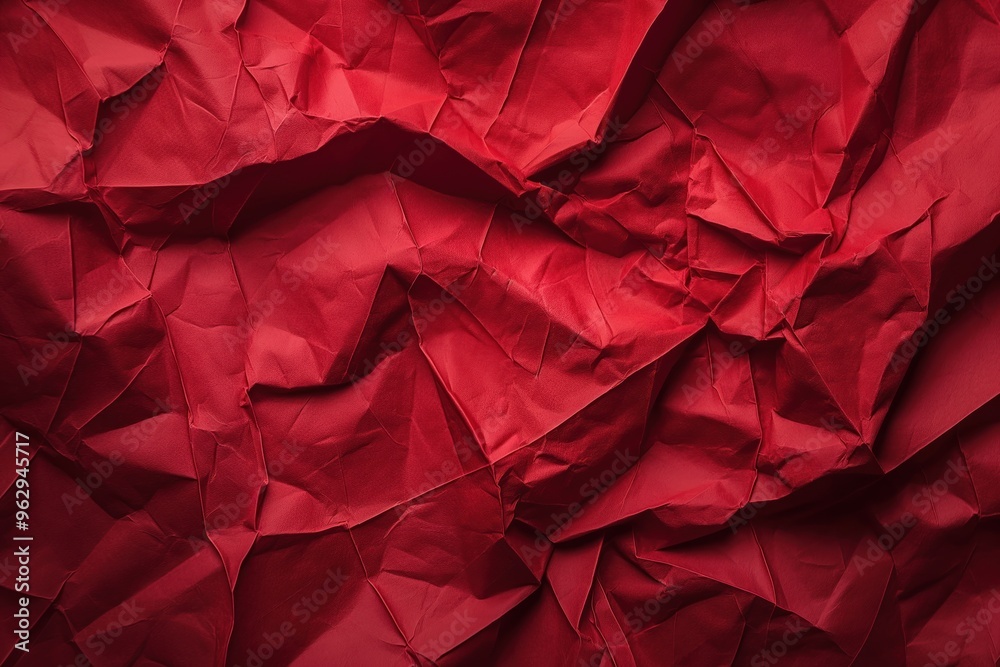 Poster crumpled red paper texture background with blurred edges. close-up view of folded and creased surfac