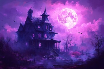 A Halloween Hauntingly beautiful abandoned mansion under a vibrant pink full moon at night, surrounded by eerie trees and a mysterious atmosphere
