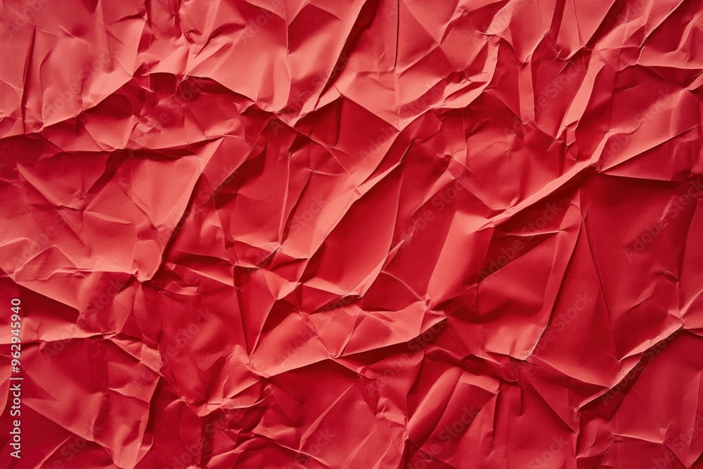 Poster Crumpled red fabric texture with rough surface, jagged edge and vibrant color. Close-up view of paper poster background with creases and folds. Ideal for design, art and technology concepts.