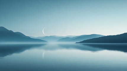 Fototapeta premium a calm lake under a crescent moon, with the moonlight reflecting perfectly on the water surface, creating a sense of emotional balance and nighttime serenity