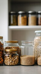 A kitchen counter filled with glass jars of grains, seeds, and dried fruits for a zero-waste pantry