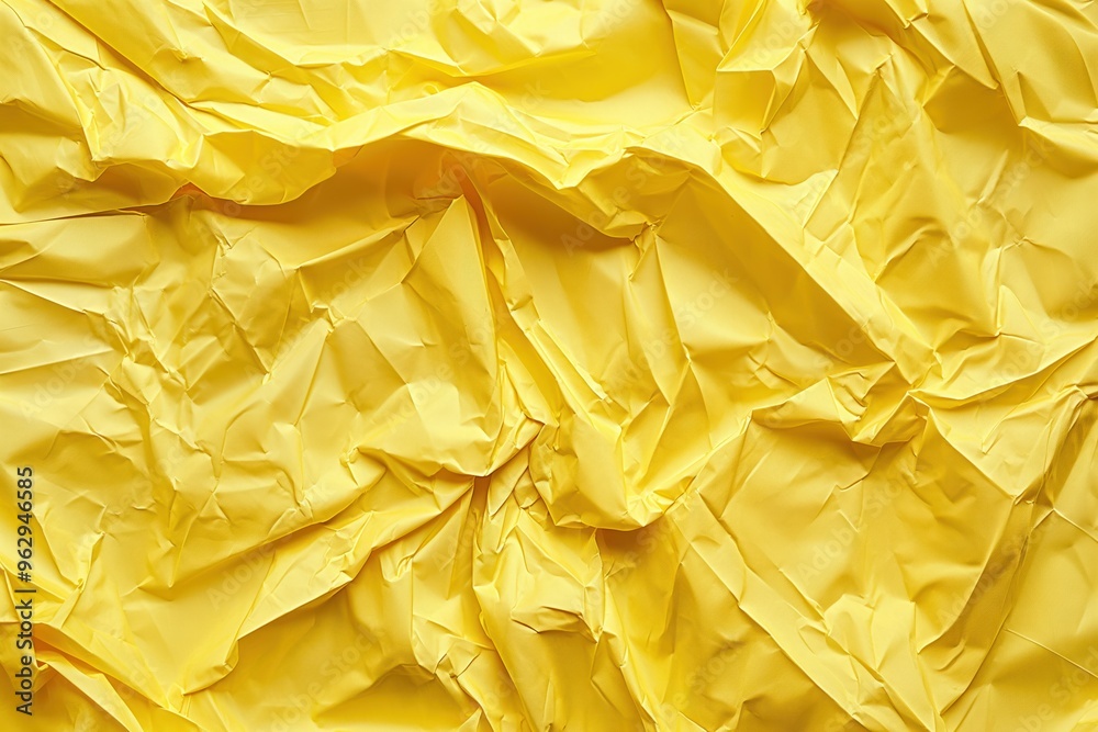 Poster Yellow crumpled paper texture background. Close-up view of folded and creased paper surface with solid yellow background. No text or objects visible. Ideal for design, art, and creative projects.