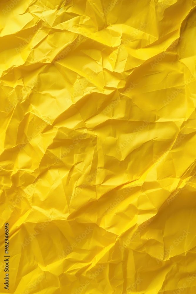 Poster Crumpled yellow paper texture with crease. Close-up view of rough surface on solid yellow background. Ideal for design, illustration and creative projects.
