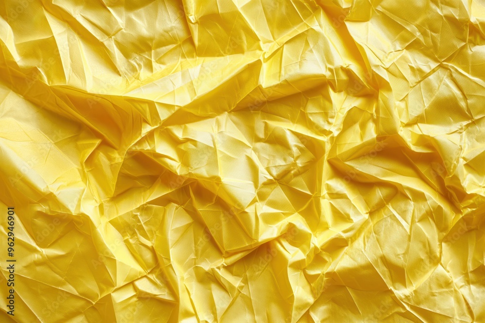 Poster Yellow crumpled paper texture background with folds and creases. Close-up view of rough surface with orange and brown hues adding depth. Ideal for design, tech, eco, and creative projects.