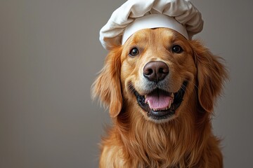 Smiling golden retriever wearing a chef hat against a plain background Generative AI