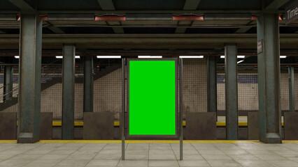 Empty billboard with a green screen for advertising on a subway station. 3D illustrator