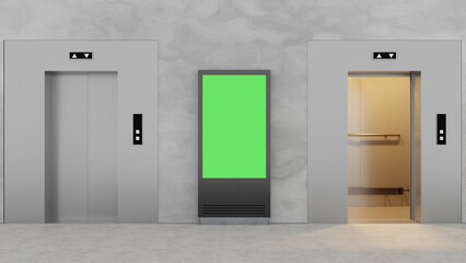 3D illustration. Mockup billboard and two elevators. Useful for your advertising. Panoramic 3D rendering