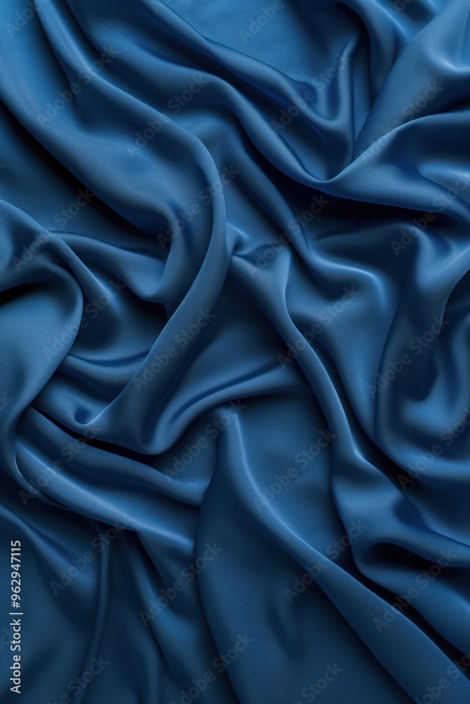 Poster Blue fabric texture pattern close-up view. Crumpled silk or satin material folded to create depth and dimension. Overlapping folds form intricate design. Blurred background focuses on fabric details.