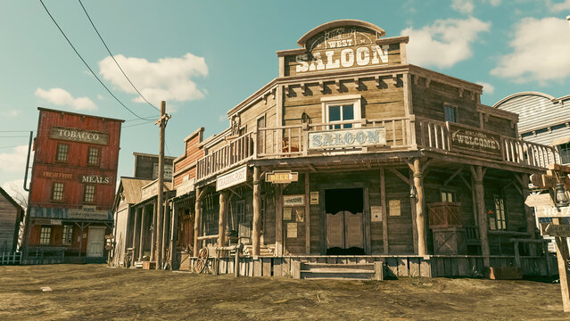 3D illustration rendering of an empty street in an old wild west town with wooden buildings.