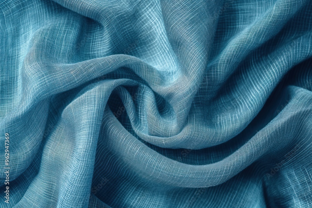 Poster Close-up of blue fabric with unique texture pattern. Lightweight material possibly cotton or linen folded to showcase intricate lines and swirls. Blurred background emphasizes fabric details.