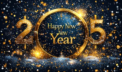 "Happy New Year" text surrounded by golden decorations and confetti on a dark festive background Generative AI