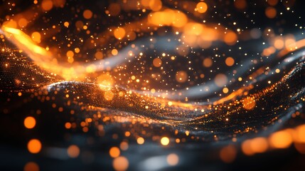 Abstract yellow wave background with glowing particles and lines, showcasing futuristic waves