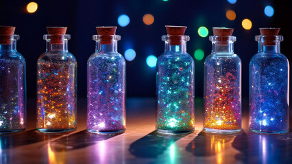 bottles of perfume, Transparent bottles with kaleidoscopic sparkling bottoms