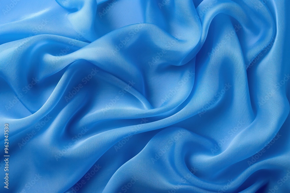 Poster Deep blue fabric texture with wave-like pattern. Soft shiny material possibly silk or satin. Gentle curls towards center adding depth and dimension. Blurred background focuses on intricate details.