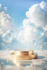Empty round golden podium surrounded by floating bubbles against blue sky with clouds. Product display background with copy space 