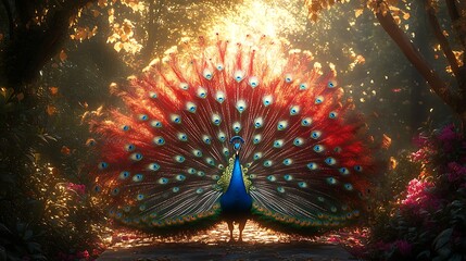 A majestic peacock with its tail feathers fanned out in a vibrant display of color, bathed in the golden light of the setting sun.