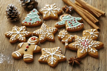 Decorated gingerbread cookies in festive shapes like stars, trees, and snowmen, arranged on a wooden table with cinnamon sticks