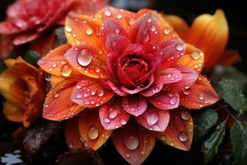 Dew Drops on Red and Orange Flower Petals